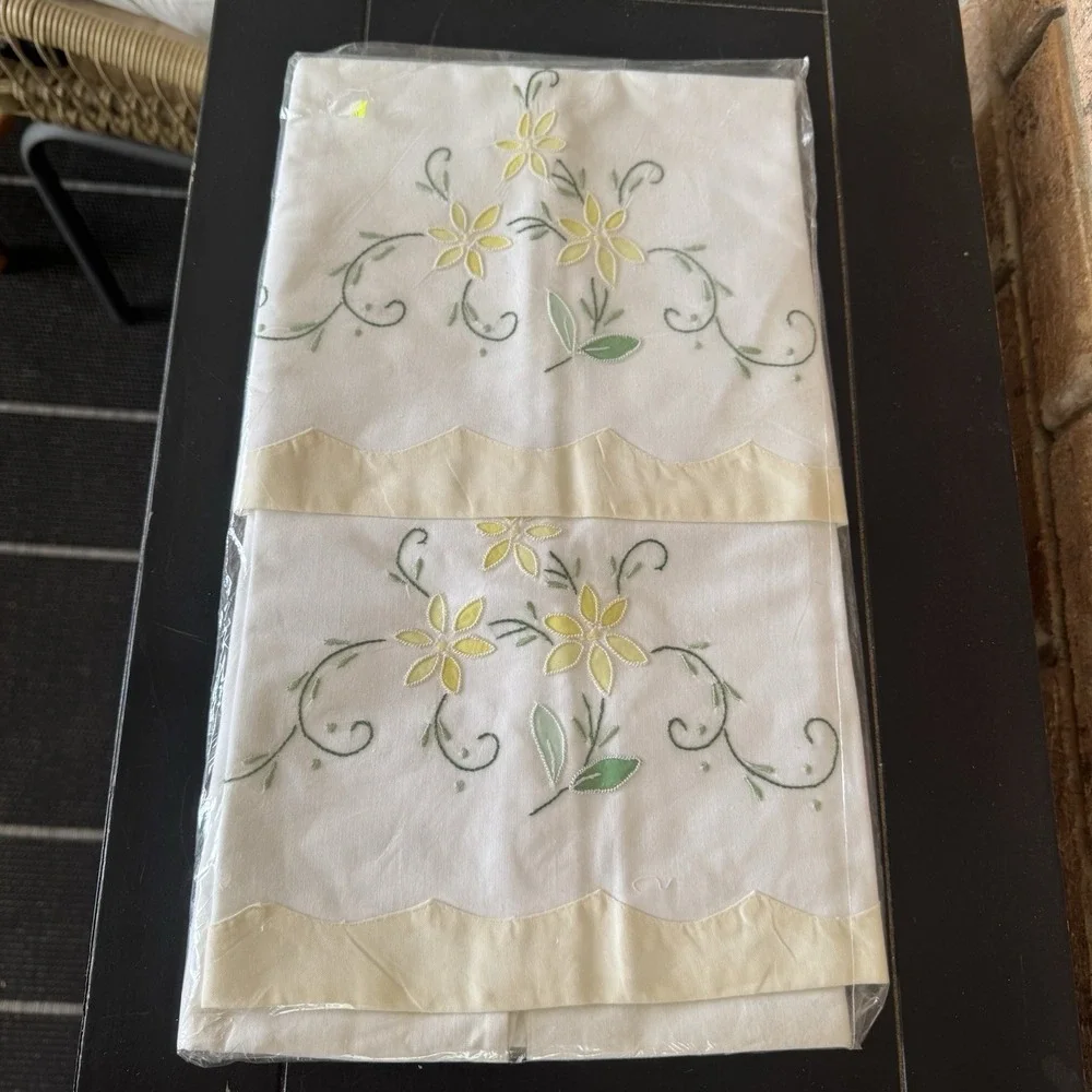 2 Vintage Embroidered Pillowcases Yellow Flowers Cotton Blend 1950s Cottagecore